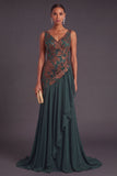 Dark Green Ruffled Mermaid V-Neck Ruched Long Formal Dress