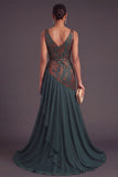 Dark Green Ruffled Mermaid V-Neck Ruched Long Formal Dress