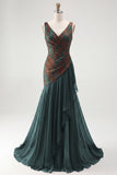 Dark Green Ruffled Mermaid V-Neck Ruched Long Formal Dress