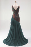 Dark Green Ruffled Mermaid V-Neck Ruched Long Formal Dress