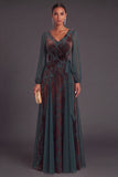 Dark Green A-Line V-Neck Floral Long Formal Dress with Sash