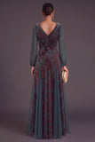 Dark Green A-Line V-Neck Floral Long Formal Dress with Sash