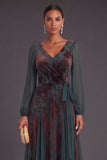 Dark Green A-Line V-Neck Floral Long Formal Dress with Sash