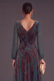 Dark Green A-Line V-Neck Floral Long Formal Dress with Sash
