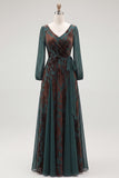 Dark Green A-Line V-Neck Floral Long Formal Dress with Sash