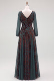 Dark Green A-Line V-Neck Floral Long Formal Dress with Sash