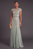 Mermaid Green Boat Neck Chiffon Long Formal Dress with Sleeves
