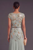 Mermaid Green Boat Neck Chiffon Long Formal Dress with Sleeves