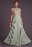 Green A-Line Round Neck Ruffled Long Embroidered Formal Dress with Sleeves