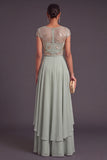 Green A-Line Round Neck Ruffled Long Embroidered Formal Dress with Sleeves