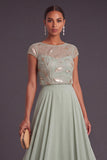 Green A-Line Round Neck Ruffled Long Embroidered Formal Dress with Sleeves