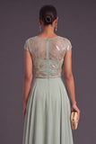 Green A-Line Round Neck Ruffled Long Embroidered Formal Dress with Sleeves
