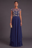 Green A-Line Round Neck Ruffled Long Embroidered Formal Dress with Sleeves