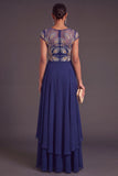 Green A-Line Round Neck Ruffled Long Embroidered Formal Dress with Sleeves