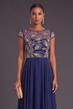 Green A-Line Round Neck Ruffled Long Embroidered Formal Dress with Sleeves