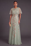 Green A-Line Cowl Neck Embroidered Long Formal Dress