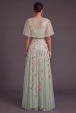 Green A-Line Cowl Neck Embroidered Long Formal Dress