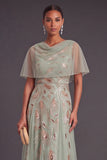 Green A-Line Cowl Neck Embroidered Long Formal Dress