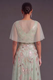 Green A-Line Cowl Neck Embroidered Long Formal Dress