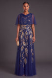 Green A-Line Cowl Neck Embroidered Long Formal Dress