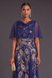 Green A-Line Cowl Neck Embroidered Long Formal Dress
