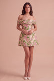 Champagne A-Line Off the Shoulder Floral Short Cocktail Dress with Bow