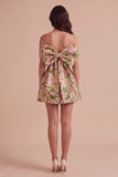 Champagne A-Line Off the Shoulder Floral Short Cocktail Dress with Bow