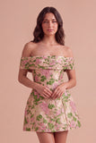 Champagne A-Line Off the Shoulder Floral Short Cocktail Dress with Bow