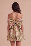 Champagne A-Line Off the Shoulder Floral Short Cocktail Dress with Bow