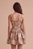 Champagne A-Line Square Neck Jacquard Floral Short Cocktail Dress