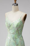 Mint Green Sparkly Beaded Bodycon Spaghetti Straps Short Cocktail Dress with Slit