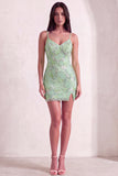 Mint Green Sparkly Beaded Bodycon Spaghetti Straps Short Cocktail Dress with Slit