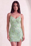 Mint Green Sparkly Beaded Bodycon Spaghetti Straps Short Cocktail Dress with Slit