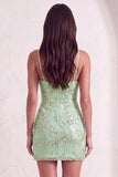 Mint Green Sparkly Beaded Bodycon Spaghetti Straps Short Cocktail Dress with Slit