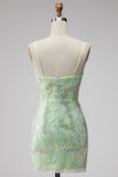 Mint Green Sparkly Beaded Bodycon Spaghetti Straps Short Cocktail Dress with Slit