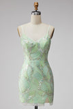 Mint Green Sparkly Beaded Bodycon Spaghetti Straps Short Cocktail Dress with Slit
