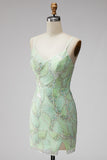 Mint Green Sparkly Beaded Bodycon Spaghetti Straps Short Cocktail Dress with Slit