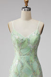 Mint Green Sparkly Beaded Bodycon Spaghetti Straps Short Cocktail Dress with Slit