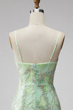 Mint Green Sparkly Beaded Bodycon Spaghetti Straps Short Cocktail Dress with Slit