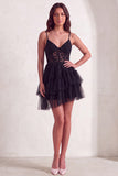 Black Corset V-Neck Tiered Tulle Short Cocktail Dress with Lace