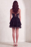 Black Corset V-Neck Tiered Tulle Short Cocktail Dress with Lace