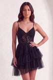 Black Corset V-Neck Tiered Tulle Short Cocktail Dress with Lace