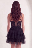 Black Corset V-Neck Tiered Tulle Short Cocktail Dress with Lace