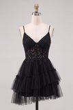 Black Corset V-Neck Tiered Tulle Short Cocktail Dress with Lace