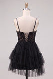 Black Corset V-Neck Tiered Tulle Short Cocktail Dress with Lace