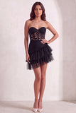 Black Corset Strapless Tiered Tulle Short Cocktail Dress with Lace