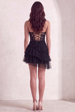 Black Corset Strapless Tiered Tulle Short Cocktail Dress with Lace