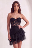 Black Corset Strapless Tiered Tulle Short Cocktail Dress with Lace