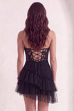 Black Corset Strapless Tiered Tulle Short Cocktail Dress with Lace