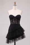 Black Corset Strapless Tiered Tulle Short Cocktail Dress with Lace
